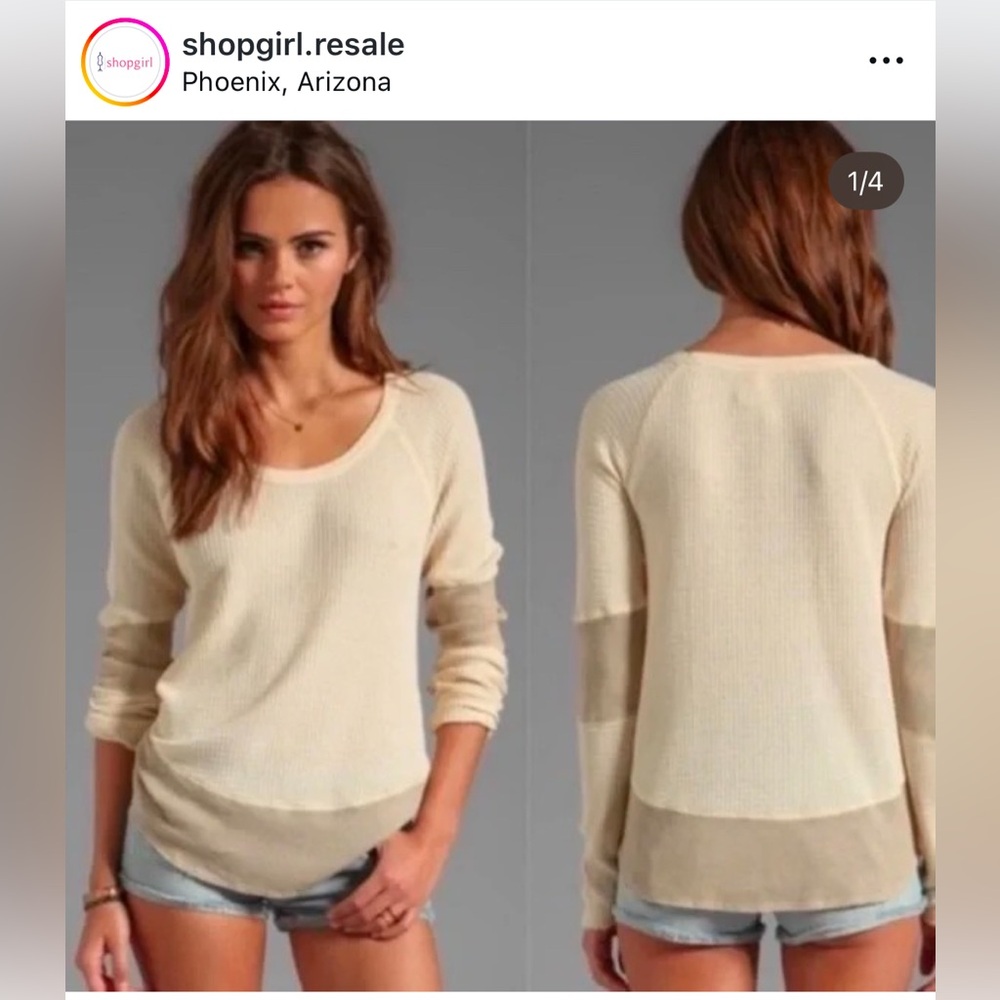 Free People Cream Waffle tee shirt top Blouse Boho Neutral SMALL we the free